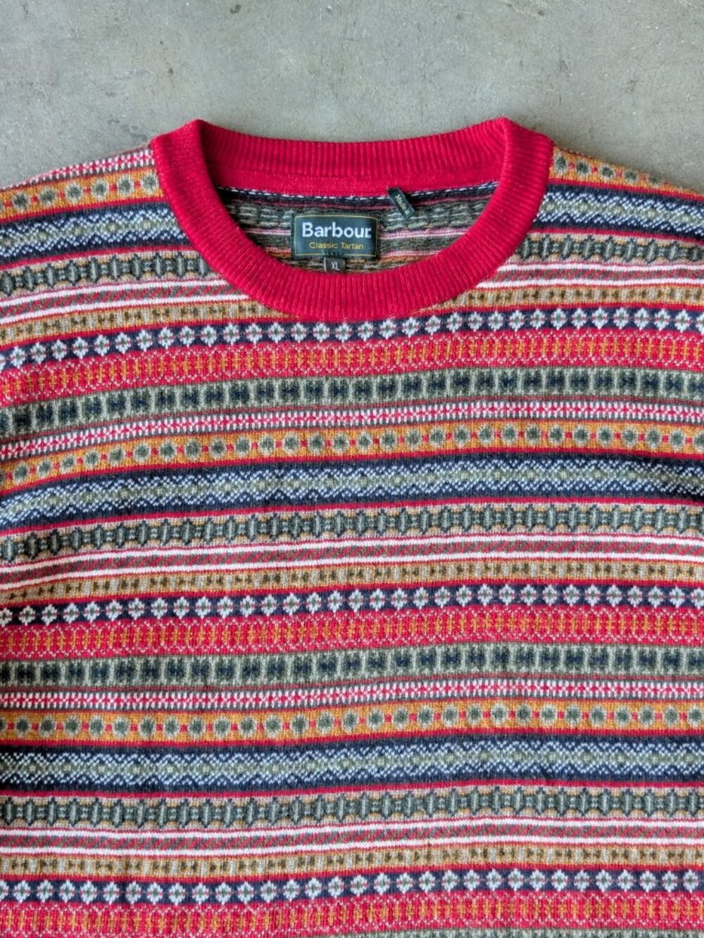 Barbour Case Fair Isle Crewneck Sweater Red Striped Merino Wool Cashmere size XL - Picture 2 of 8